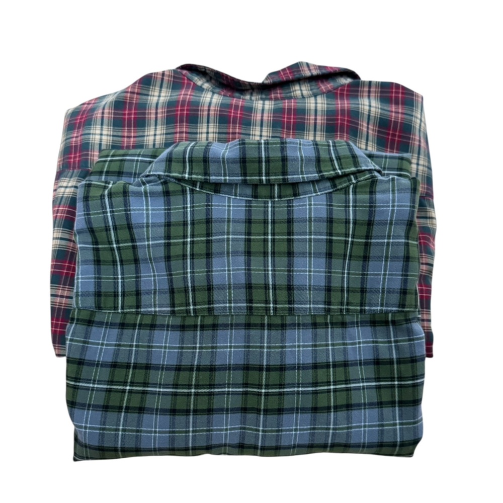 Fossil Set of 2 Button Down Winter Flannel‎ Plaid Shirts Red and Green Large